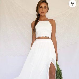 Lulu's Midnight Memories White Lace Two-Piece Maxi Dress